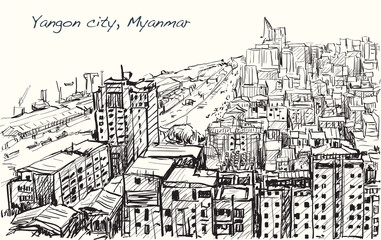 sketch cityscape of Yangon, Myanmar skyline, show building in downtown, free hand draw illustration vector