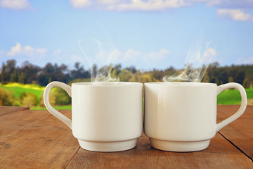 Two cups of coffee a wooden table in front of spring landscape