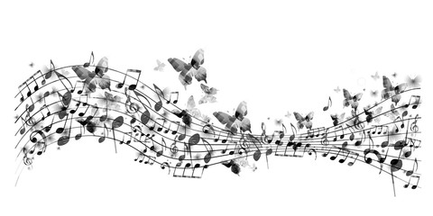 Stave with music notes and butterflies isolated vector illustration. Music background for poster, brochure, banner, flyer, concert, music festival