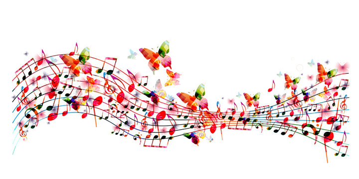 Colorful stave with music notes and butterflies isolated vector illustration. Music background for poster, brochure, banner, flyer, concert, music festival