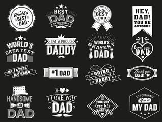 The variety of black and white dad signs. Isolated Happy fathers day quotes on the black background. Daddy congratulation label, badge vector collection. Mustache, hat, stars elements for your design.