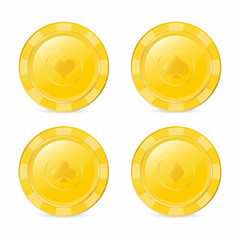 Golden gambling chips set with suits. Heart, diamond, spade, club. Realistic  chips