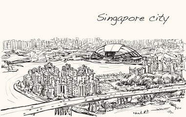 sketch cityscape of Singapore skyline on topview Sports Hub and river, free hand draw illustration vector