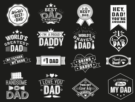 The variety of black and white dad signs. Isolated Happy fathers day quotes on the black background. Daddy congratulation label, badge vector collection. Mustache, hat, stars elements for your design.