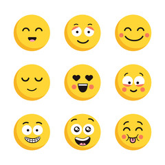Set of happy yellow emoticons. Funny cartoon flat faces isolated on white background.
