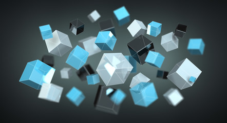 Fototapeta na wymiar Floating blue shiny cube network 3D rendering