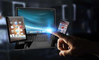 Businessman touching laptop phone and tablet with his finger 3D rendering