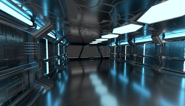 Spaceship blue interior with empty window 3D rendering elements of this image furnished by NASA