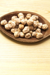 Chickpeas on wooden spoon