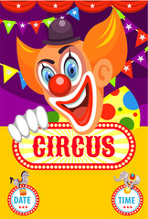 Circus poster. Happy clown invites you to the circus. Trained animals. Vector illustration.