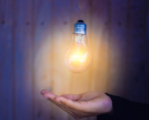 designer hand showing creative business strategy with light bulb as concept 