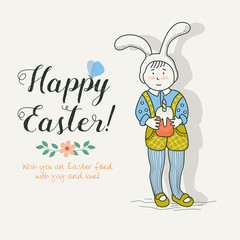 Happy Easter! Child in Bunny costume holding a Easter cake.