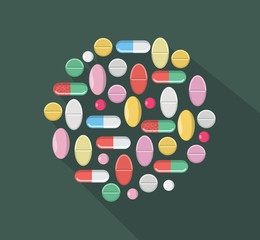 Vector icon with many different colorful pills, tablets illustrating a heap of capsules, tablets and pills. Medications collection.