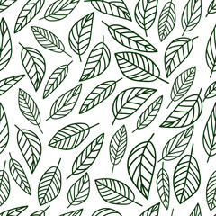 Seamless pattern hand drawn graphic green leaves. Nature background.  Vector illustration.Wrapping paper.