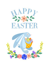 Easter card. Happy Easter! Easter Bunny with basket and eggs.