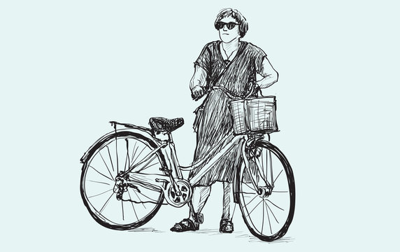 sketch of woman riding a bicycle, free hand drawing illustration vector