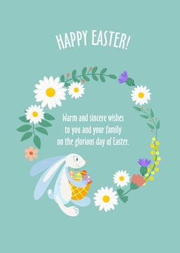Easter card. White rabbit with a basket and eggs. A wreath of spring flowers. Wishes for a happy Easter.