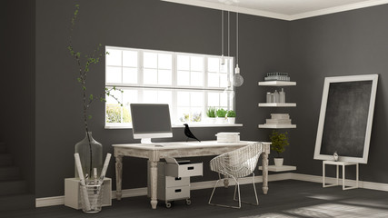 Home workplace, scandinavian house room corner office, classic minimalist interior design