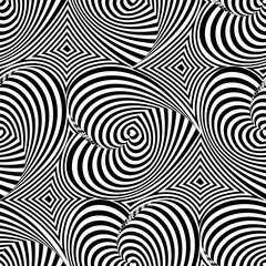 Striped repeating texture with hearts. Abstract vector seamless op art pattern with waving lines. Monochrome  graphic black and white ornament.