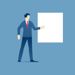 Businessman stands and points to blank banner
Businessman standing and pointing to the empty sheet with his palm.  Vector illustration template with place for text. Isolated on blue background