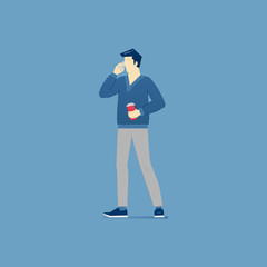Young man stands and speaks on mobile phone
A young guy standing with coffee paper cup and talking on cellphone. Vector illustration of coffee break. Isolated on blue background