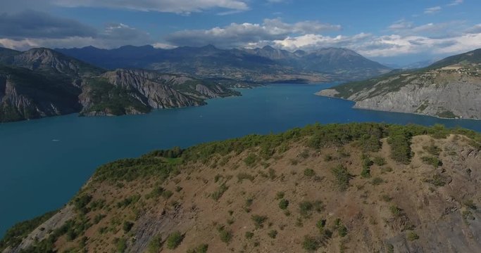 Aerial beautiful lake and mountain serre ponçon