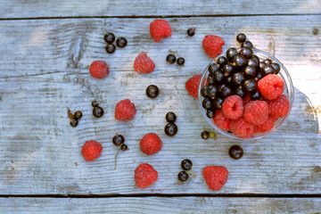 Vase full of red raspberry and blackcurrant, scattered berries on grey background