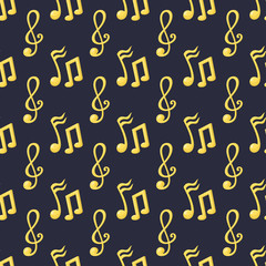 Gold rock star trophy music notes best entertainment win achievement clef and sound shiny golden melody success prize seamless pattern vector illustration.