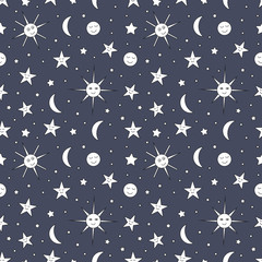 Children seamless pattern of night sky with sun, moon and stars