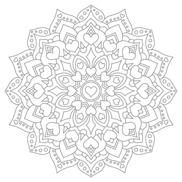 Mandala with hearts for coloring. Circular pattern