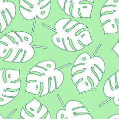 Seamless pattern tropical monstera leaves vector floral  background . Silhouette palm leaves on mint background. Nature texture. Wrapping paper. Hand drawn flat . Summer.