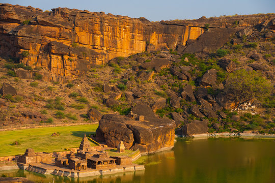 High Angle Bhutanatha Group Temples and Water Tank in Badami, India