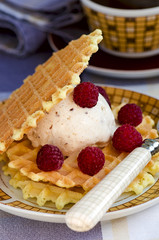 Ice cream with waffles, raspberry and coffee