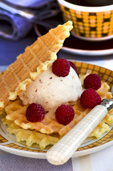Ice cream with waffles, raspberry and coffee