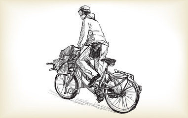 sketch of people who is bicycle messenger with cargo bike riding for delivery mail and listen music with headphone in Berlin, free hand draw illustration vector