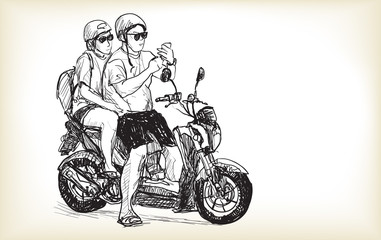 Fototapeta na wymiar sketch of touring motorbike in city, look a map on mobile phone, couple on motorcycle, young riders riding themselves on trip, Adventure and vacations concept free hand draw illustration vector.