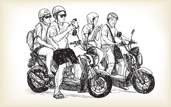 sketch of touring motorbike in city, look a map on mobile phone, couple on motorcycle, young riders riding themselves on trip, Adventure and vacations concept free hand draw illustration vector.