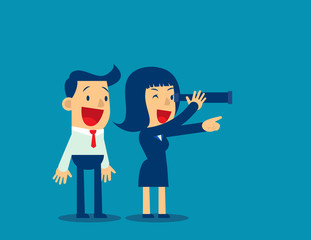 Business team has telescope and leading his team to success