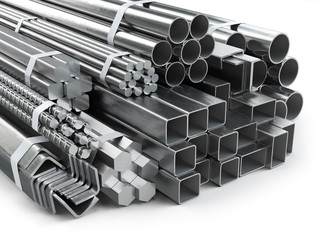 Different metal products. Stainless steel profiles and tubes. - obrazy, fototapety, plakaty