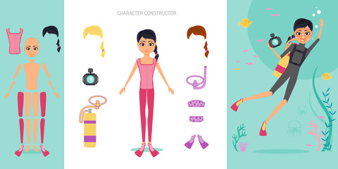 Aqualunger character constructor set. Cartoon vector flat infographic illustration. Girl diver in swimsuit and mask engaged in snorkelling and diving. Shooting for the camera of the underwater world.