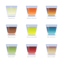 Set of colorful alcoholic cocktails in shot glasses
