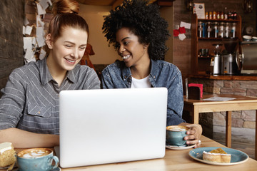 People, relationships and modern technology concept. Beautiful redhead Caucasian lesbian sitting at cafe with her dark-skinned girlfriend in front of open laptop, having video call to friends online