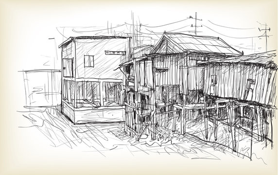 Sketch Of Townscape In Phnom Penh Slum Wood House, Free Hand Draw Illustration Vector