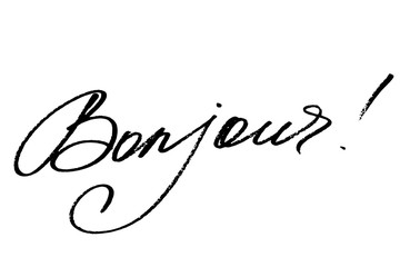 Bonjour. Hello in French. Handwritten black text isolated on white background, vector. Each word is on the separate layer