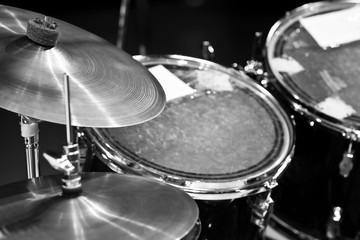 Detail of a drum kit in black and white