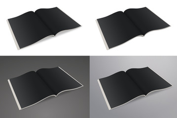 Open paper journal. Paper journal, blank magazine on a white, gray and black background. Page template design element.