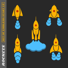 A set of rockets on a startup theme on a black background