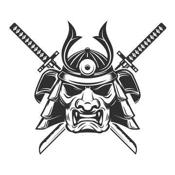 Samurai mask with crossed swords isolated on white background. Design elements for logo, label, emblem, sign, brand mark. Vector illustration.