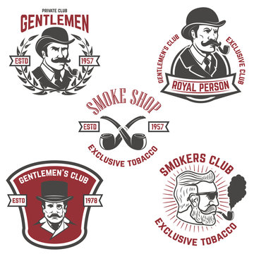 Set of  smokers club, gentlemen club labels. Design elements for logo, emblem, sign, brand mark. Vector illustration.