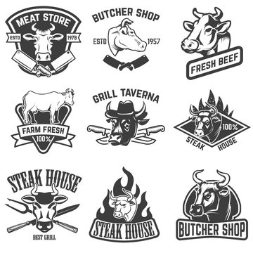 set of beef meat, steak house emblems. Design elements for logo, label, sign. Vector illustration
